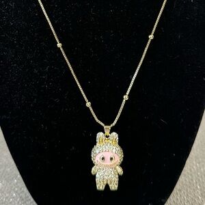 Labubu Monsters Pendant Necklace Clear White Crystals and Gold Chain 16” + 2”